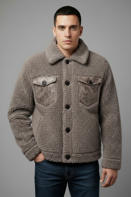 Beige sherpa jacket with model