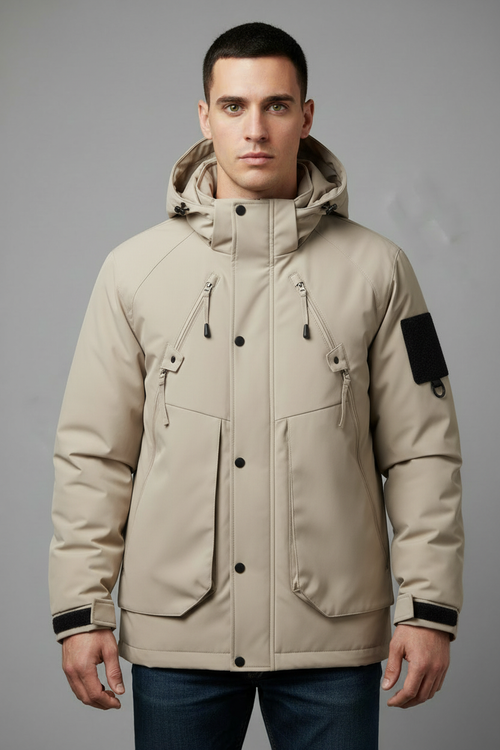 Beige/tan utility jacket with black accents - front view