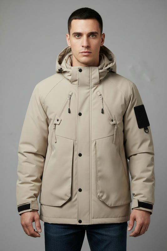 Beige/tan utility jacket with black accents - front view