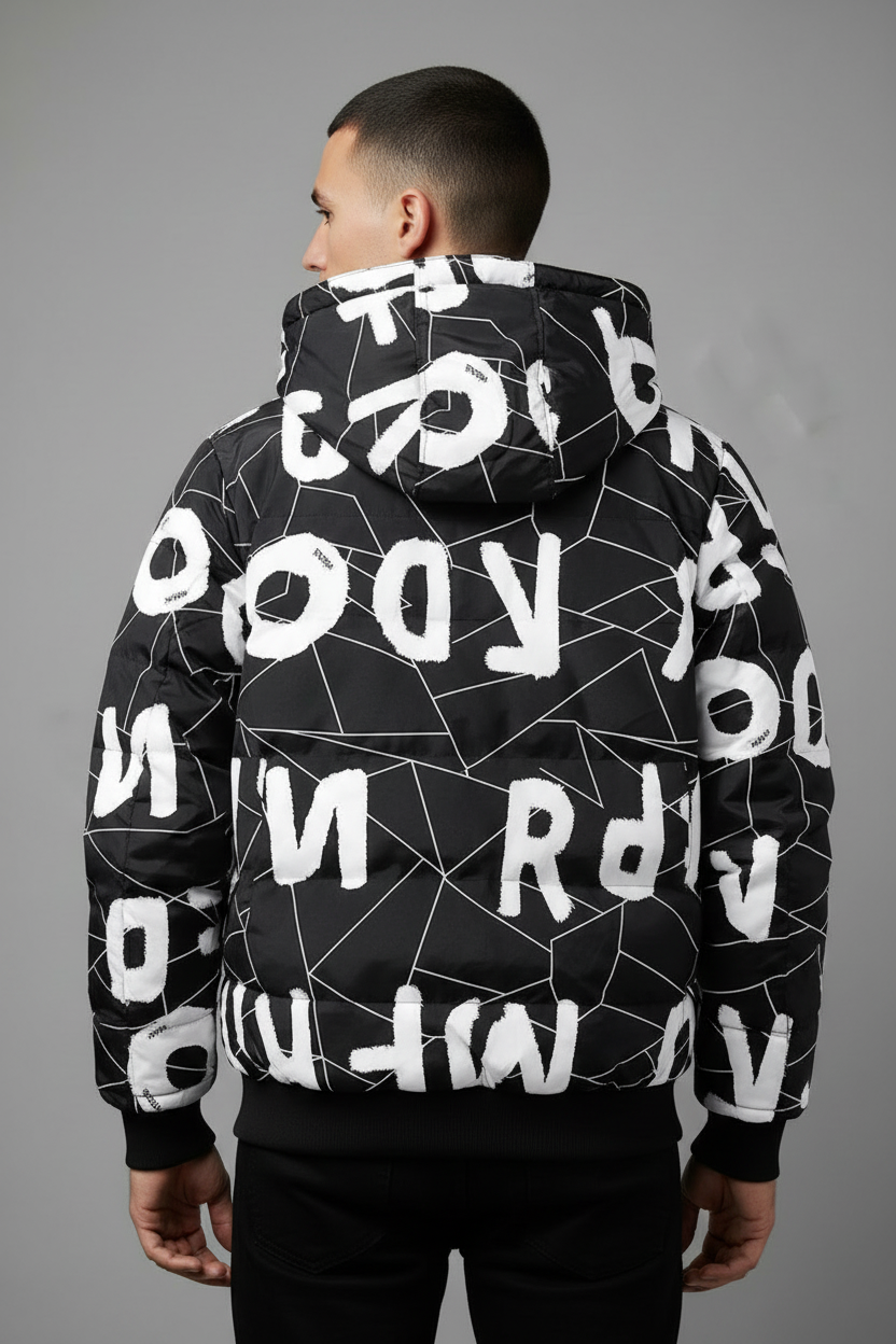 Black and white geometric patterned puffer jacket - back view