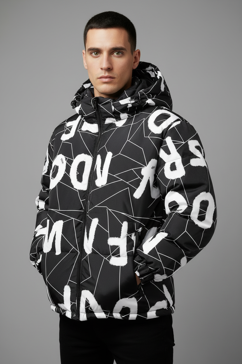 Black and white geometric patterned puffer jacket - front view retry