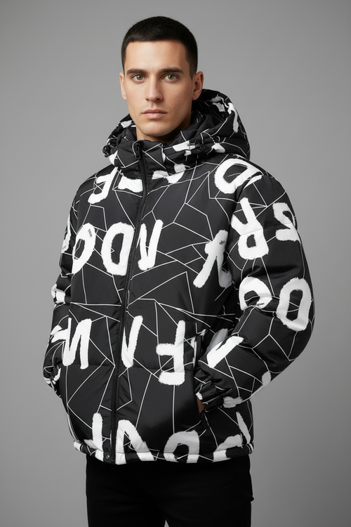 Black and white geometric patterned puffer jacket - front view retry