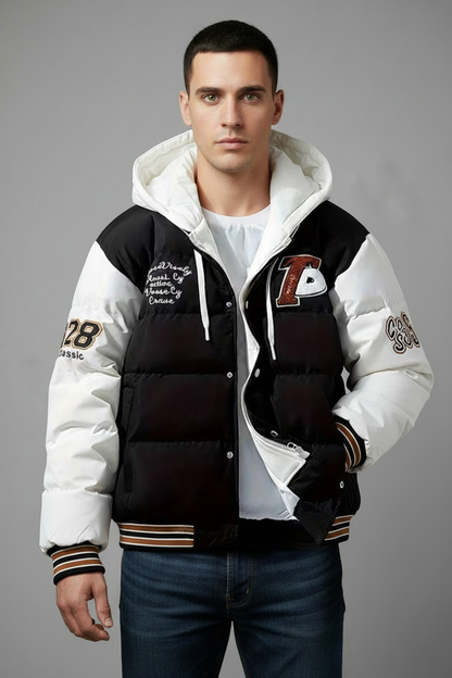 Black and white varsity puffer jacket - exact design
