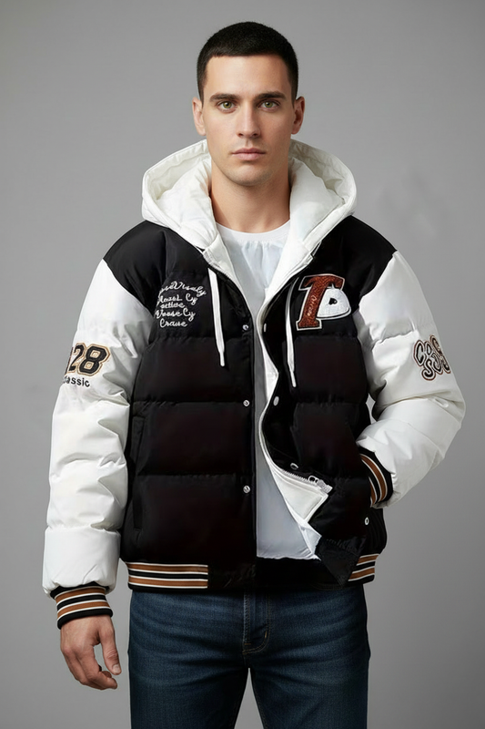 Black and white varsity puffer jacket - exact design