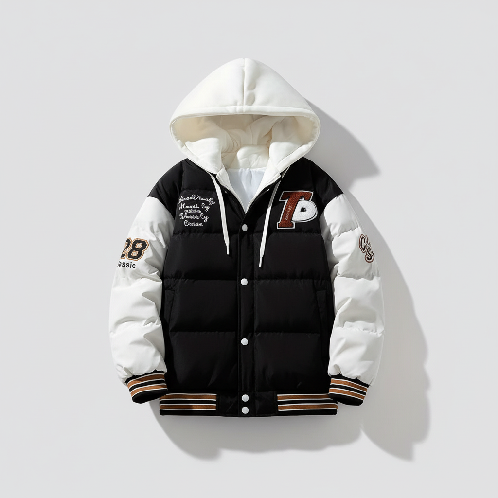 Black and white varsity puffer jacket - flat lay