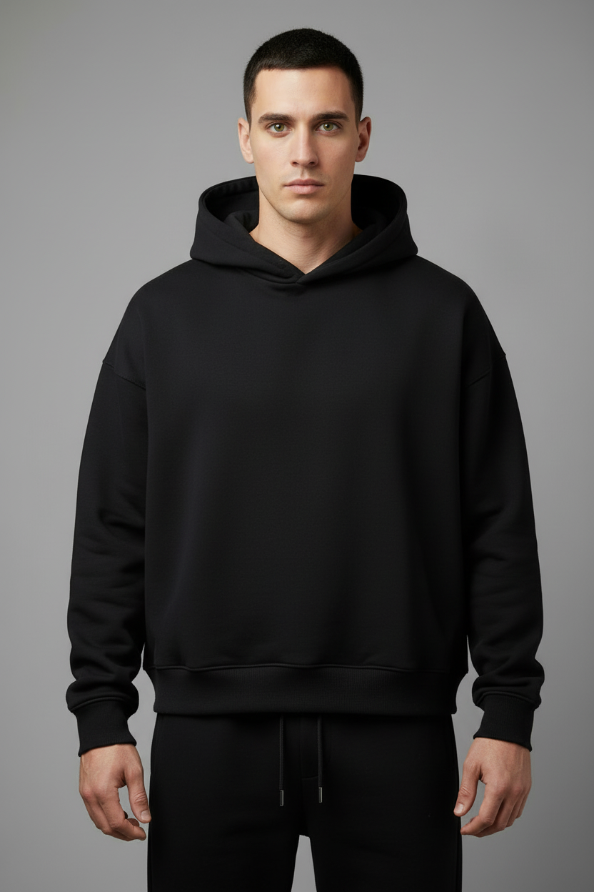 Black completely pocketless hoodie and joggers set