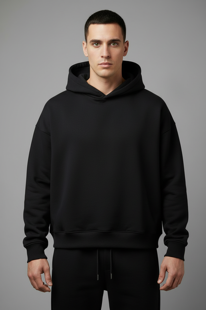 Black completely pocketless hoodie and joggers set