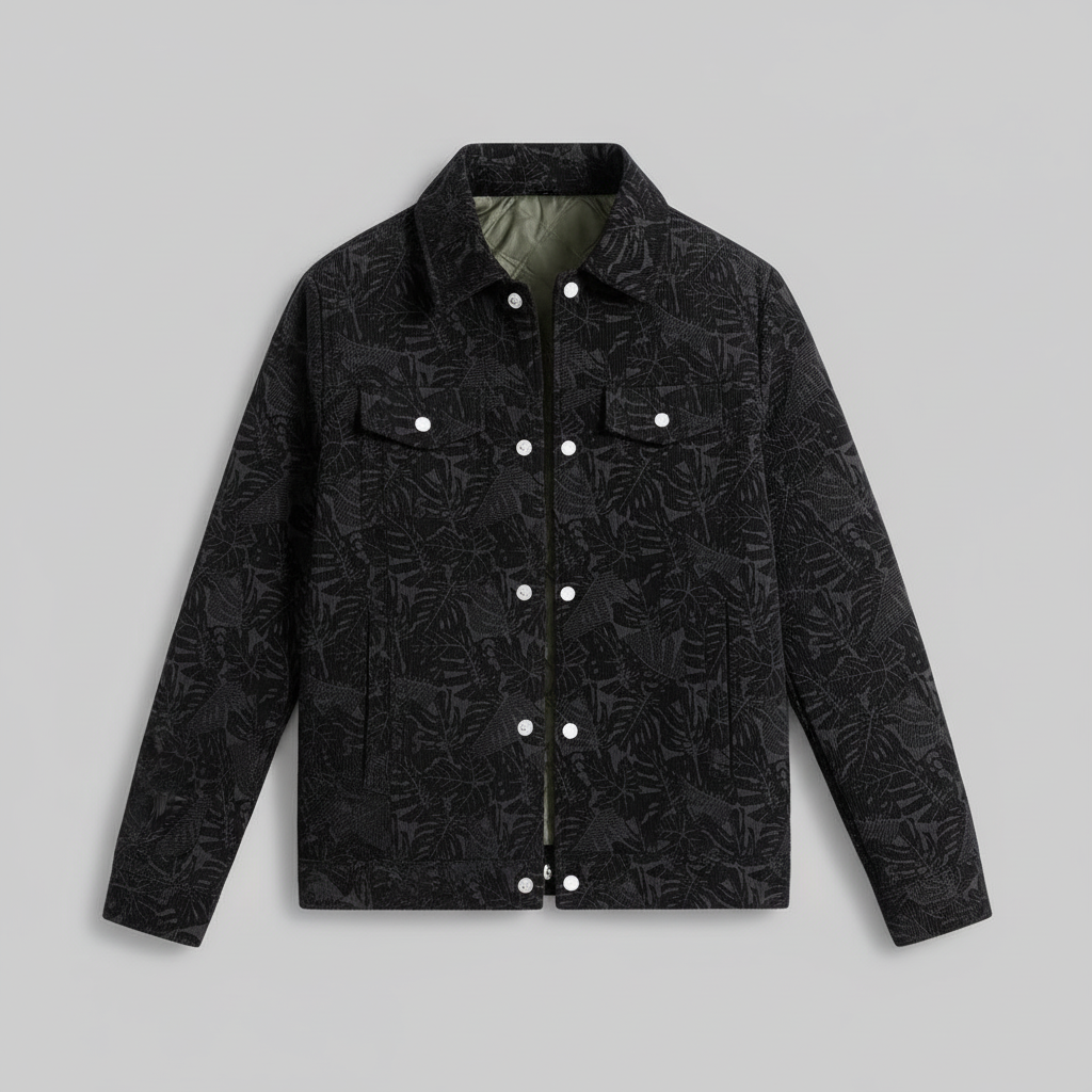 Black corduroy jacket flat lay