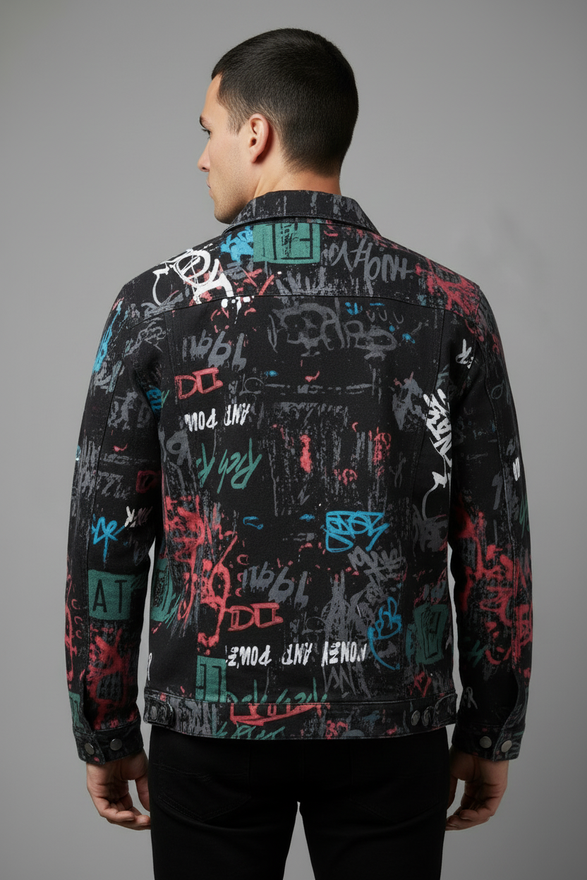 Black graffiti-print jacket - back view