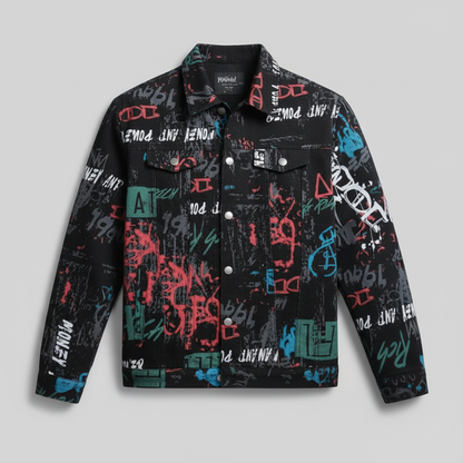 Black graffiti-print jacket - flat lay