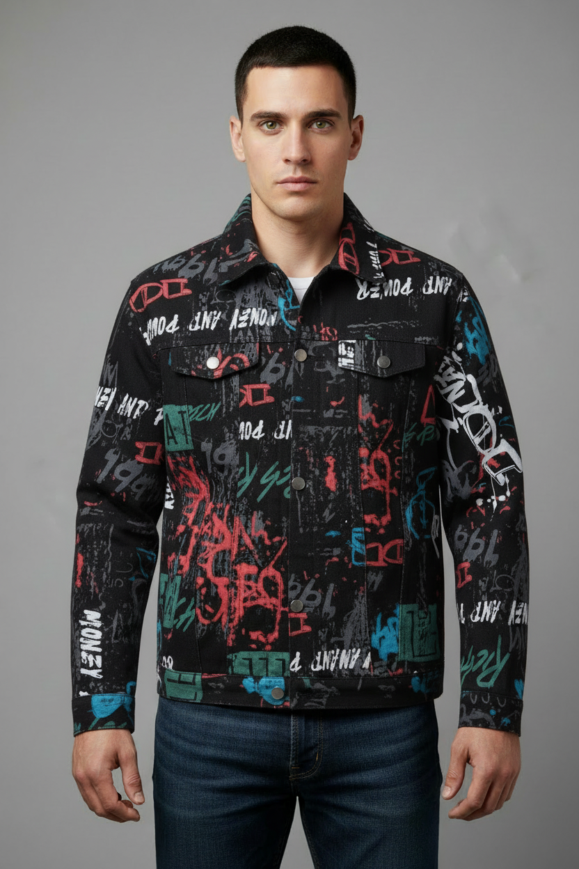 Black graffiti-print jacket with colorful text