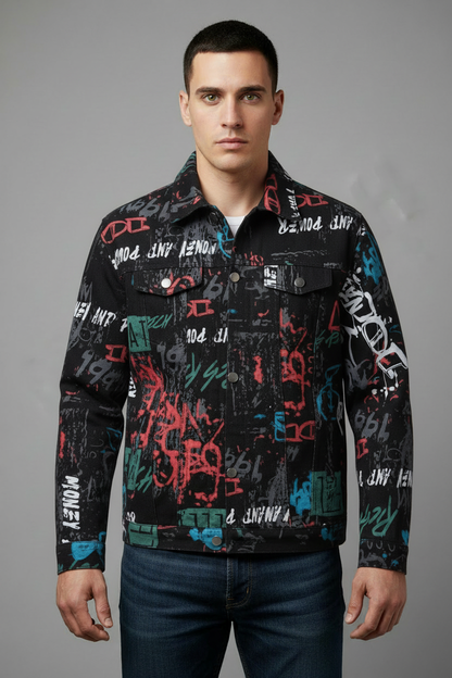 Black graffiti-print jacket with colorful text