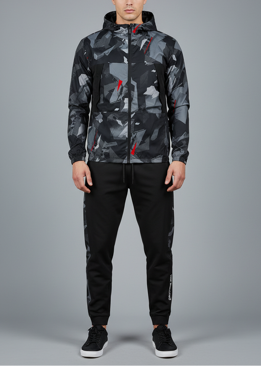 Black/grey camouflage windbreaker tracksuit
