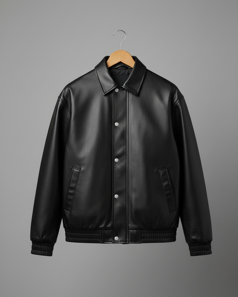 Black leather bomber jacket on hanger