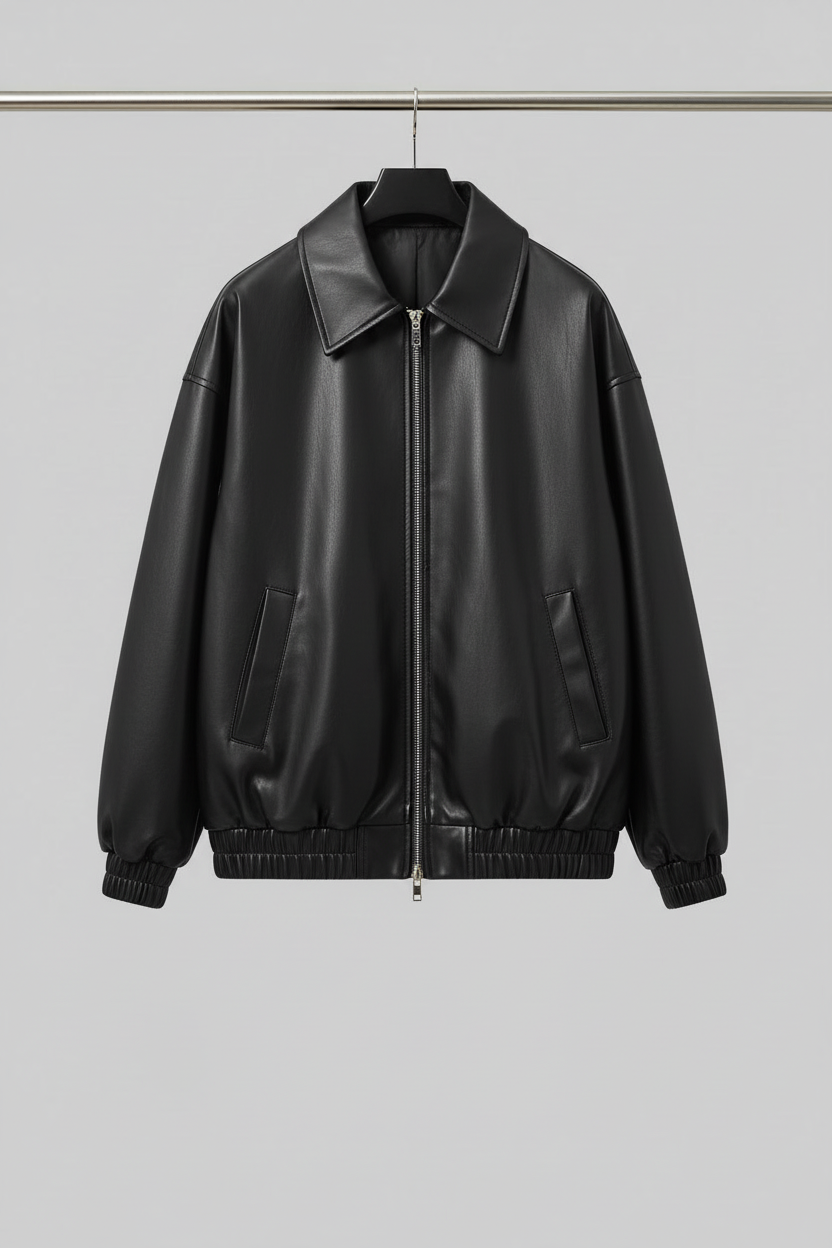 Black leather bomber jacket on hanger