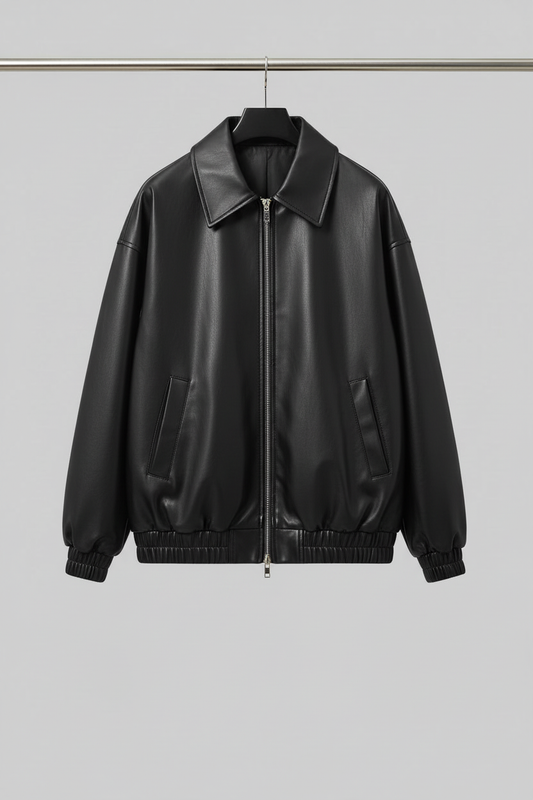 Black leather bomber jacket on hanger