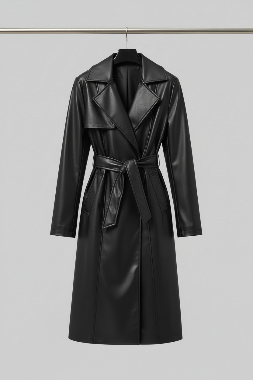 Black leather trench coat on hanger
