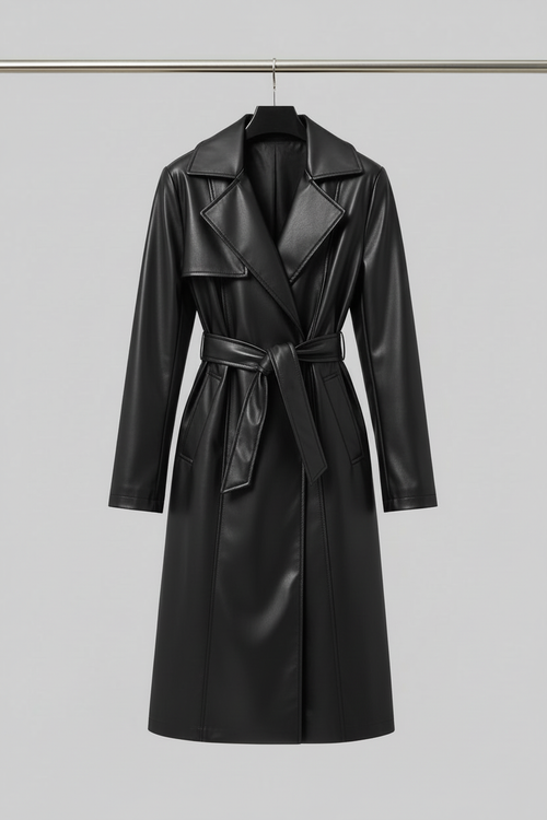 Black leather trench coat on hanger