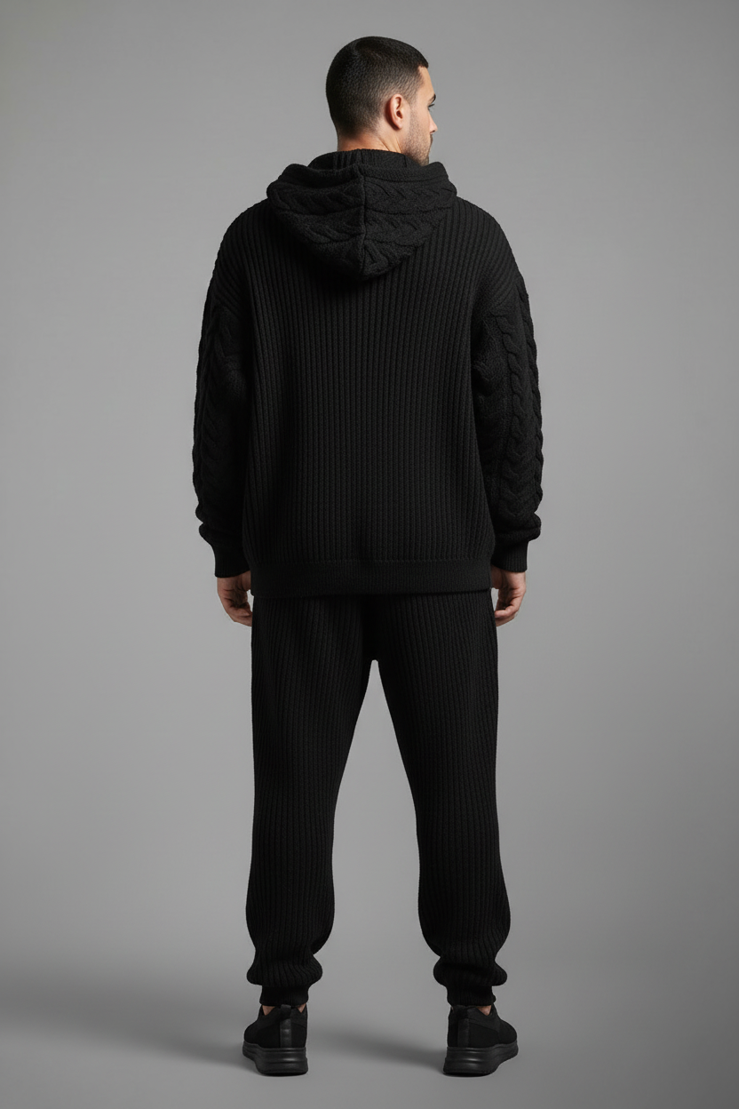 Black oversized cable-knit tracksuit - back view