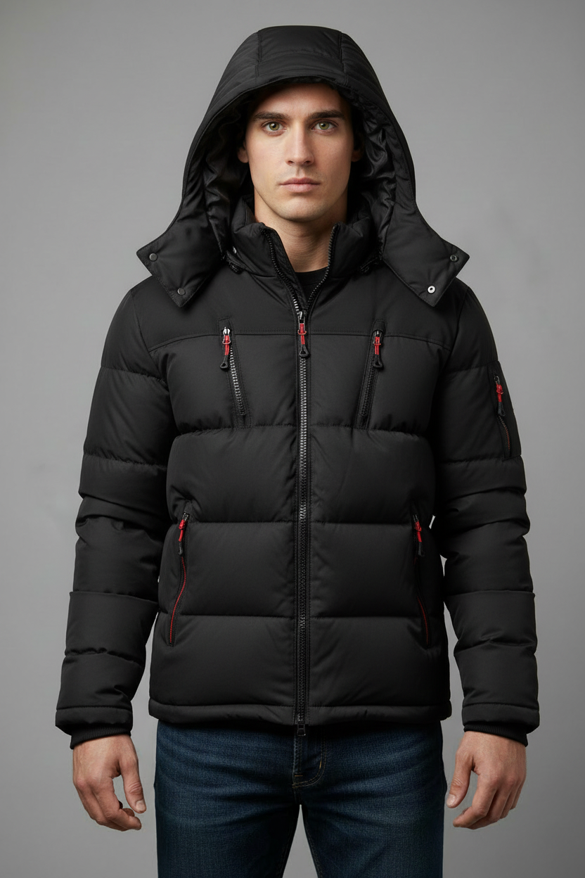 Black puffer jacket with model