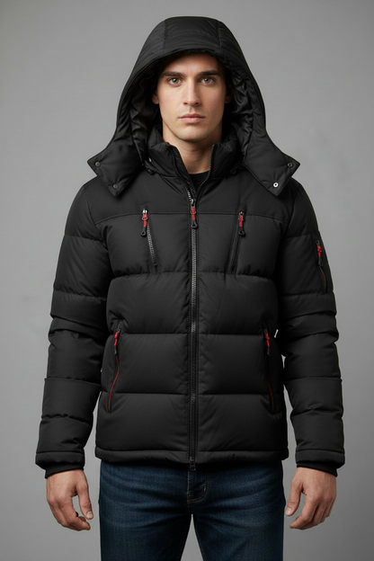 Black puffer jacket with model