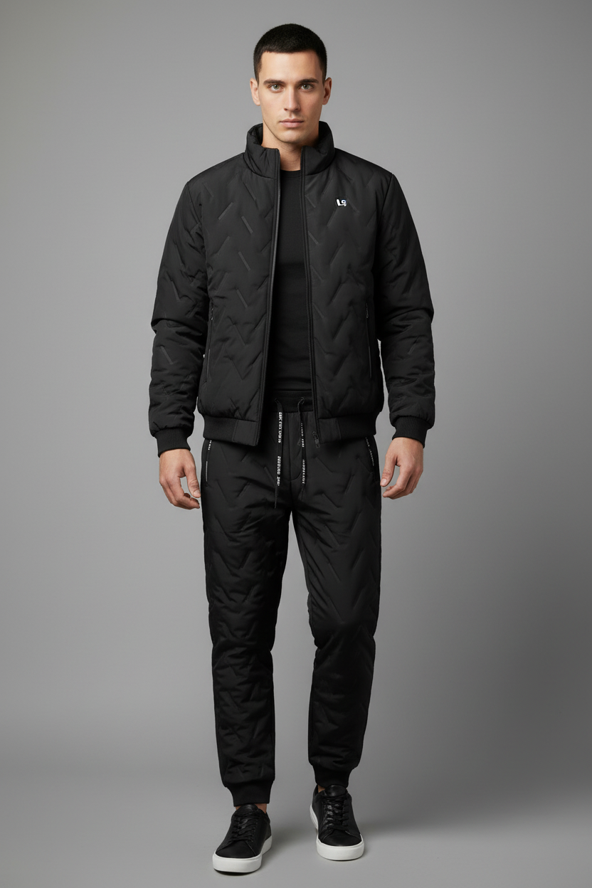 Black quilted fleece-lined tracksuit