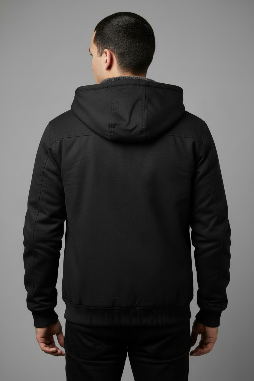 Black sherpa-lined hooded jacket - back view 2