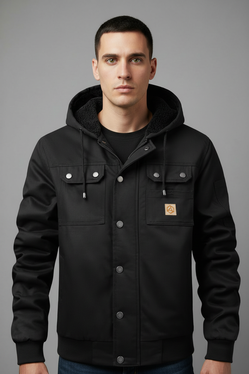 Black sherpa-lined hooded jacket - snap button front - clean-shaven model