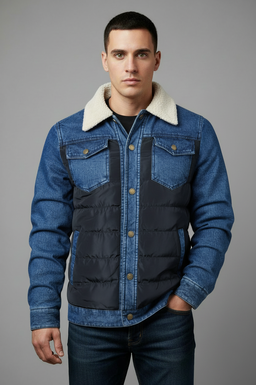 Blue denim jacket with black quilted lining