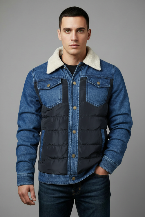 Blue denim jacket with black quilted lining