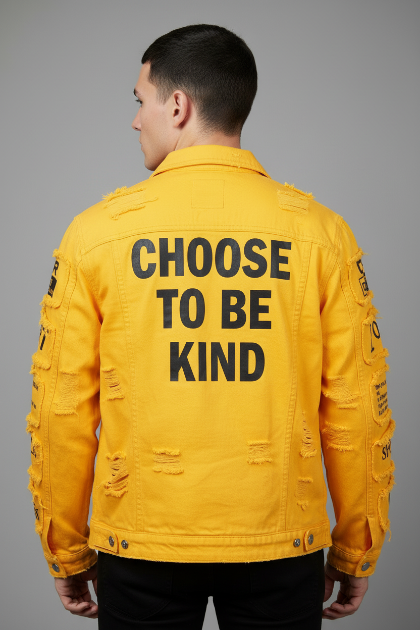 Bright yellow distressed denim jacket - back view with "CHOOSE TO BE KIND"