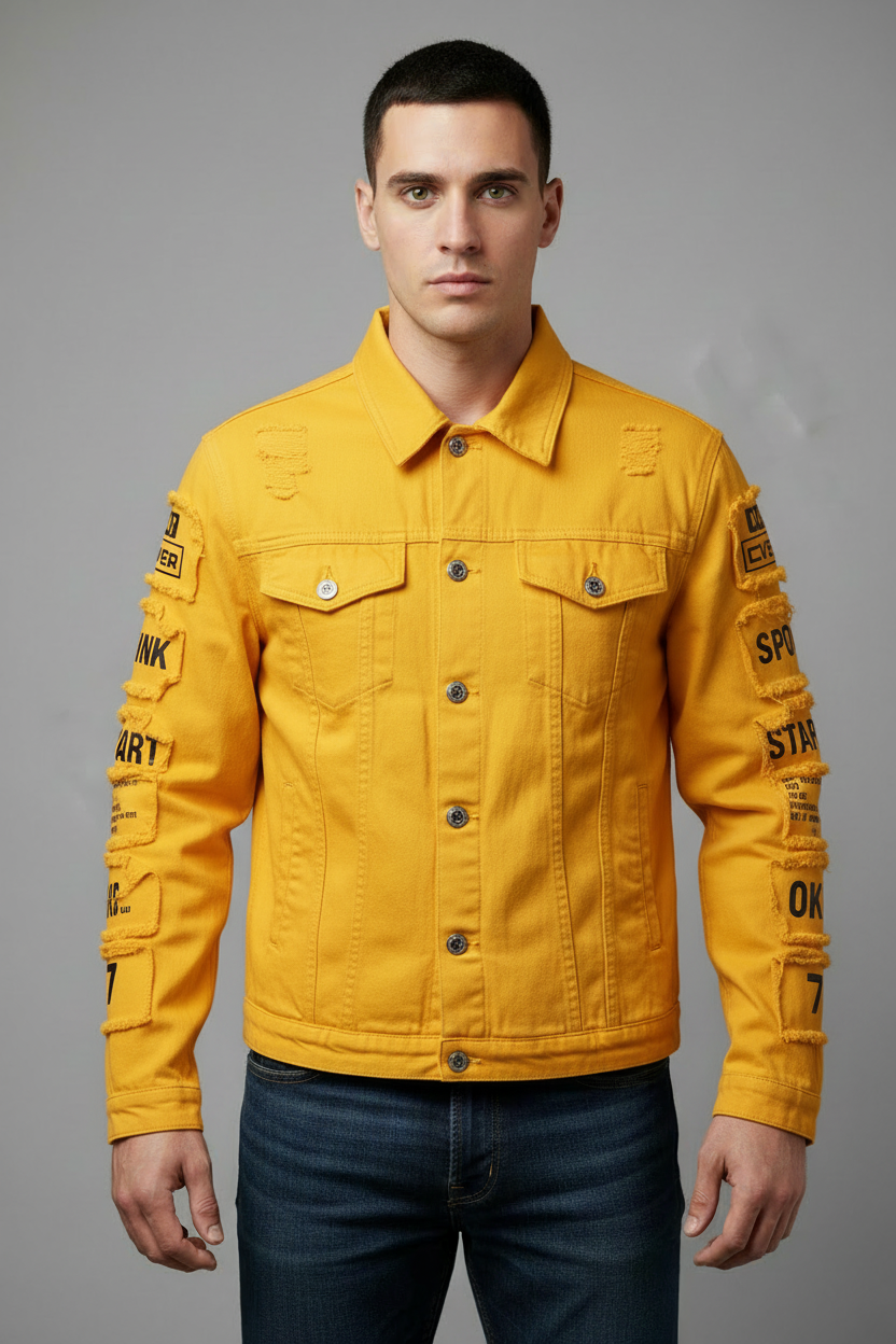 Bright yellow distressed denim jacket - front view