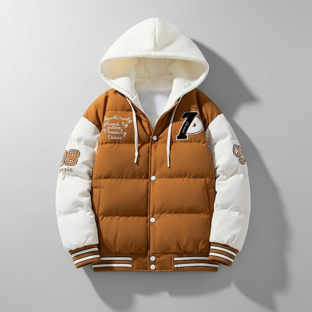 Brown and white varsity puffer jacket - flat lay updated