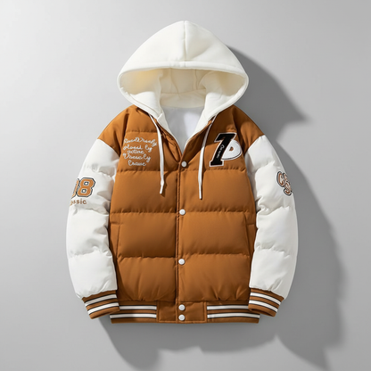 Brown and white varsity puffer jacket - flat lay updated