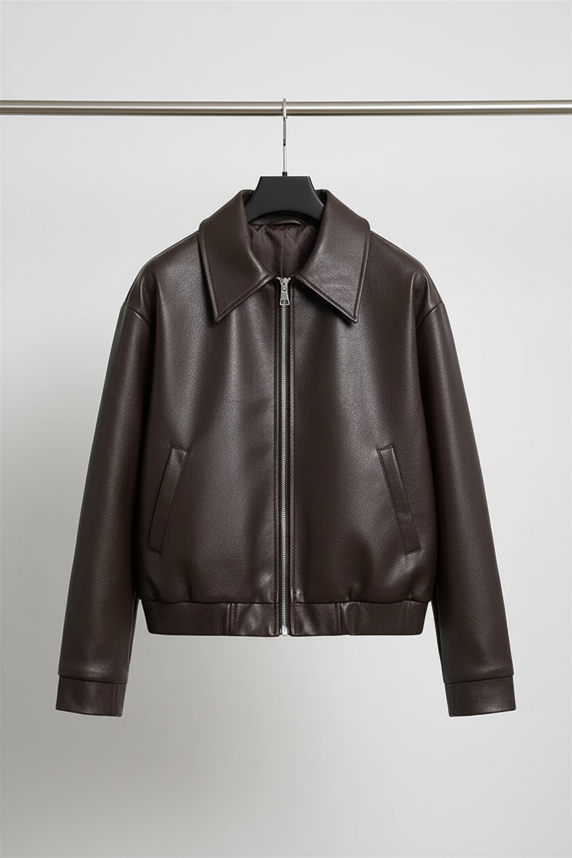 Brown leather bomber jacket on hanger