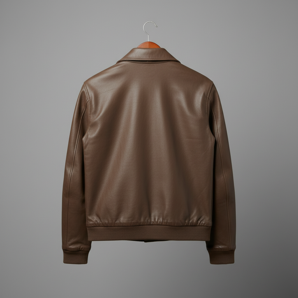 Brown leather jacket back view on hanger