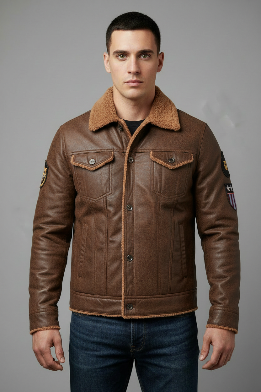 Brown leather jacket - clean-shaven model