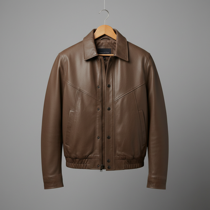 Brown leather jacket on hanger