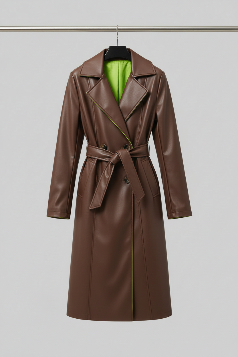 Brown leather trench coat on hanger