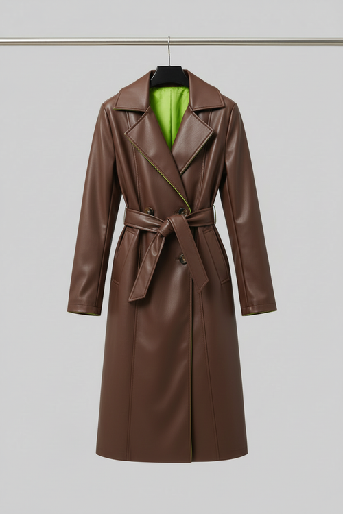 Brown leather trench coat on hanger