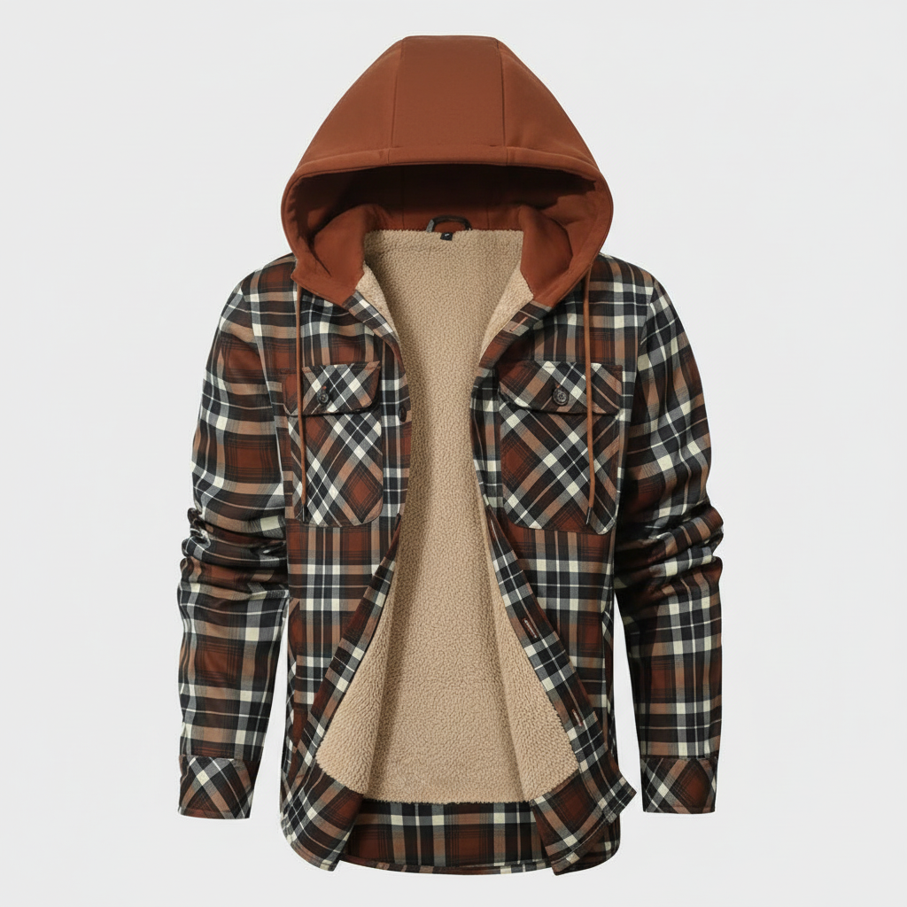 Brown plaid hooded shirt jacket - flat lay