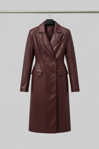 Burgundy leather blazer coat on hanger