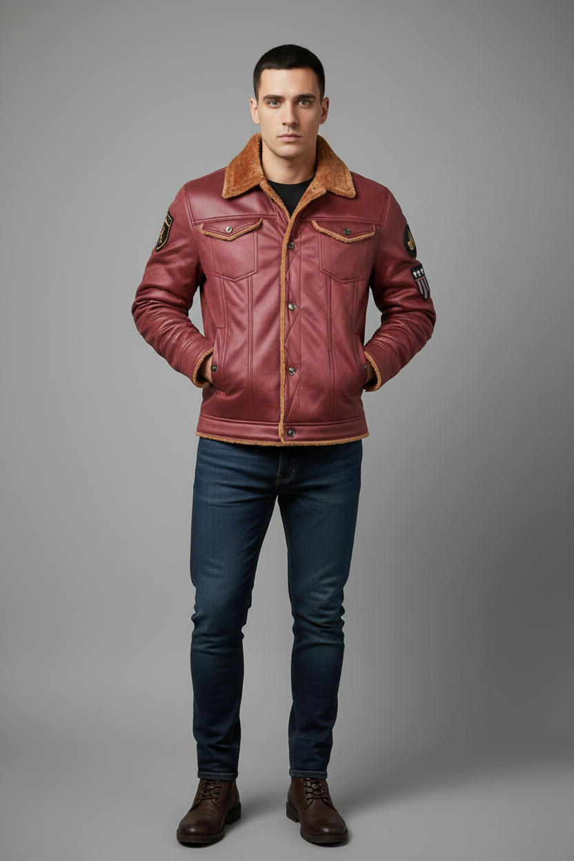 Burgundy leather jacket with tan sherpa