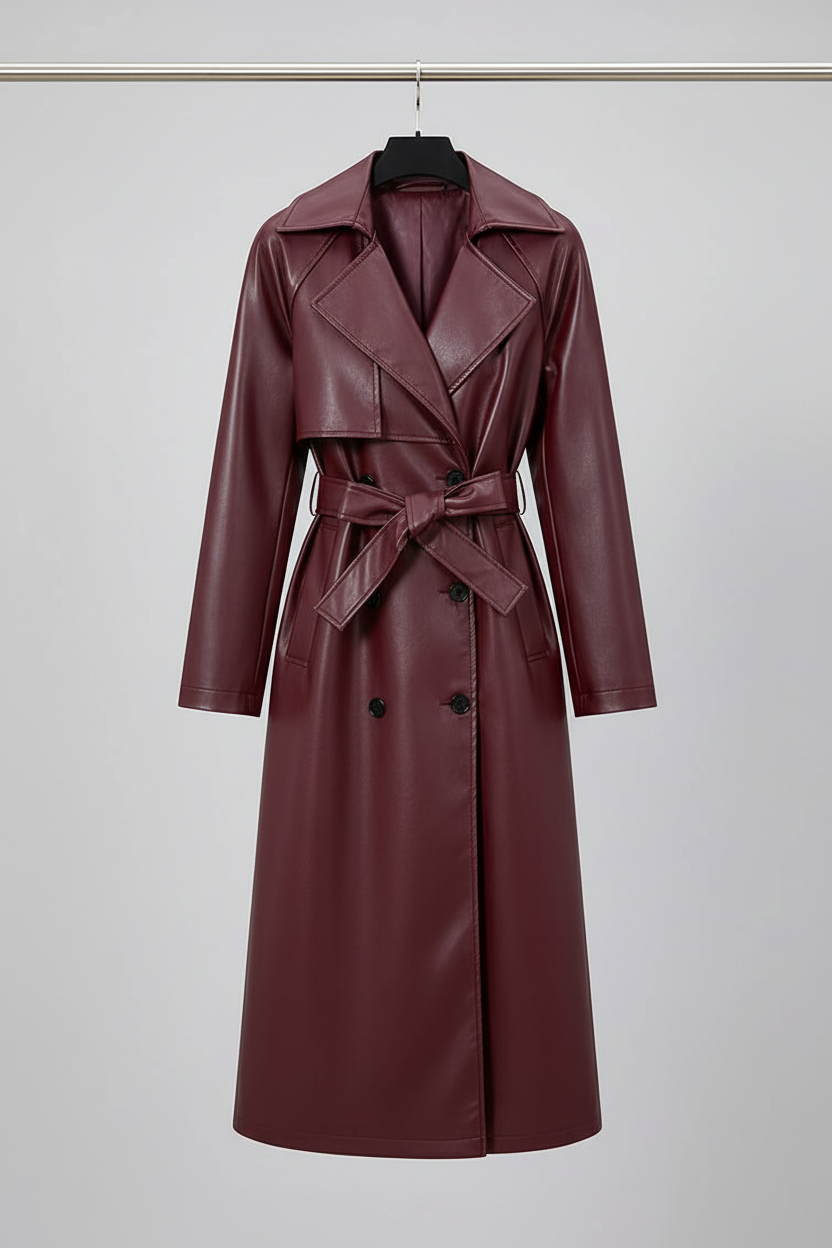 Burgundy leather trench coat on hanger