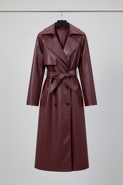 Burgundy leather trench coat on hanger
