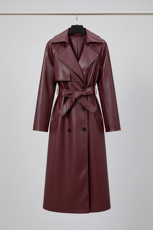 Burgundy leather trench coat on hanger