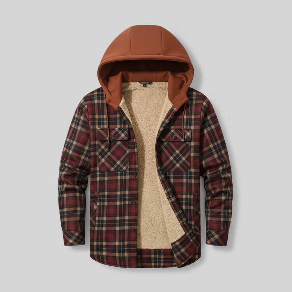 Burgundy plaid hooded shirt jacket - flat lay