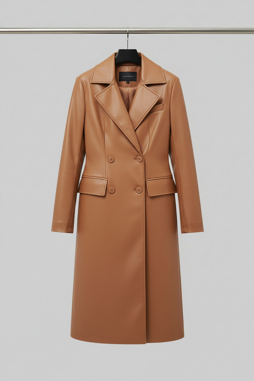 Camel leather blazer coat on hanger