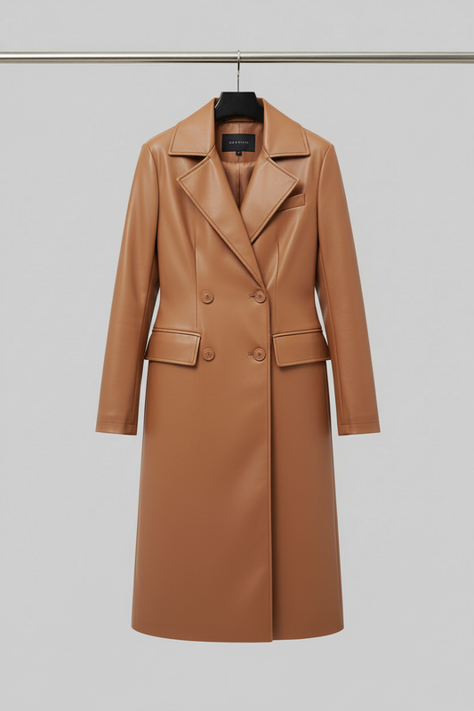 Camel leather blazer coat on hanger