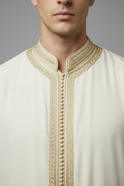 Close-up detail - Gold embroidery and collar